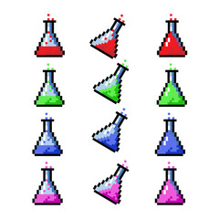Set of potion bottles phial vial, pixel art style. Pixel bottle of potion for games and websites. Vector isolated. 8 bit