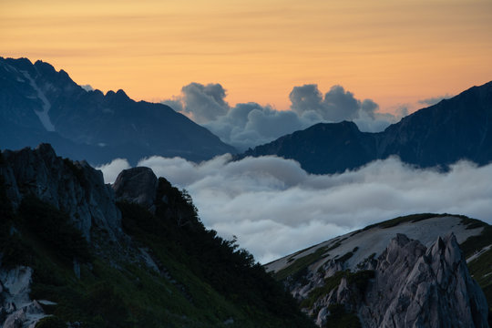Sunset at Mt Tsubakuro in the Japan alps with clouds © Joshua