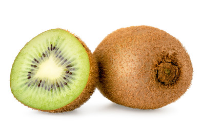 Ripe kiwi and half close up on a white. Isolated.
