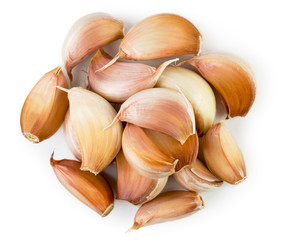 Heap of garlic slices on a white. The form of the top.