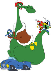 Vector illustration of Cartoon Bees  and a dinosaur.