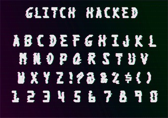 Glitch hacked digital trendy font with noise and distortion effect.  Alphabet letters and numbers