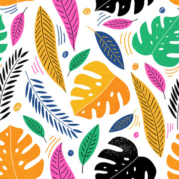 Modern tropical seamless pattern for textile, print, fabric. Stylized tropical leaves background.