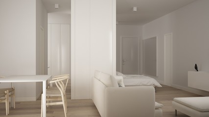 Small apartment with parquet floor, dining table and white sofa in contemporary living room, one-room apartment in minimalist style, modern interior design architecture concept