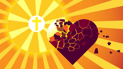 Epic vector image wich lighthous of Calvary cross, that purify heart of man from dirt of sin and evil. Dedication of soul by Jesus Christ