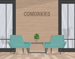 Two chairs on the background of a wooden wall. Vector flat illustration.