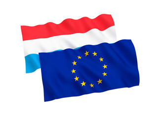 National fabric flags of Luxembourg and European Union isolated on white background. 3d rendering illustration. 1 to 2 proportion.