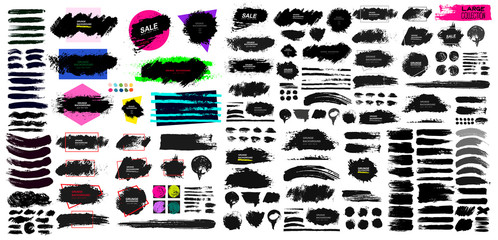 Set of black paint, ink brush, brush. Dirty element design, box, frame or background for text. Blank shapes for your design. Line or texture. Vector illustration. Isolated on white background.
