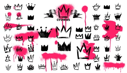 Poster Mega Set van Crown logo graffiti icoon. Zwarte elementen Tekening uit de vrije hand. Vector illustratie. Geïsoleerd op een witte achtergrond. © Anatoliy
