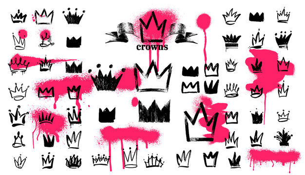 Mega Set of Crown logo graffiti icon. Black elements Freehand drawing. Vector illustration. Isolated on white background.