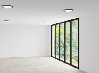 Blank room 3D rendering - UV sun infiltrate to glass  windows and falling on the wood floor in the white blank room.