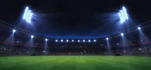 Rolgordijnen universal grass field stadium illuminated by spotlights and empty green grass playground, grand sport building digital 3D background advertisement background illustration © LeArchitecto