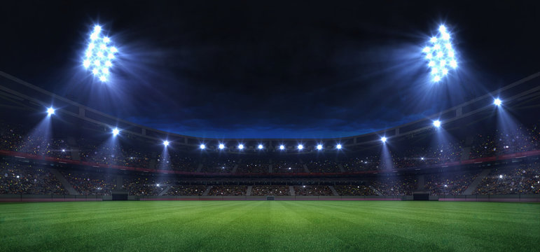 universal grass field stadium illuminated by spotlights and empty green grass playground, grand sport building digital 3D background advertisement background illustration