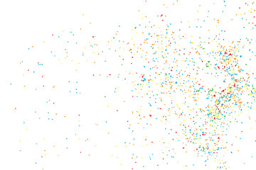 Birthday foil confetti glitter sparkles blow. Particles random background. Colourful explosion of dots. Grainy textured holiday birthday design for greeting cards visuals. Vector.