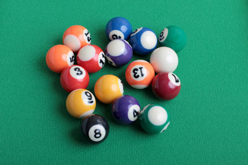 Billiard balls on a green table close-up