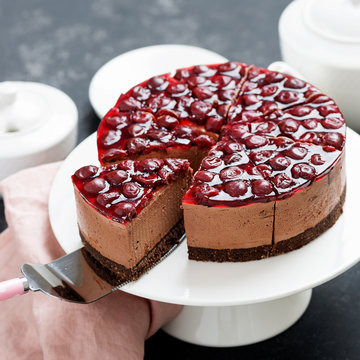 Cold Chocolate Cheesecake With Cherry Jelly.