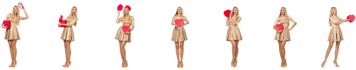 Beautiful woman in golden dress with giftbox 