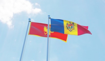 Moldova and Montenegro, two flags waving against blue sky. 3d image