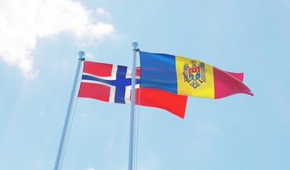 Moldova and Norway, two flags waving against blue sky. 3d image