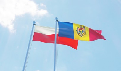 Moldova and Poland, two flags waving against blue sky. 3d image