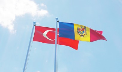 Moldova and Turkey, two flags waving against blue sky. 3d image