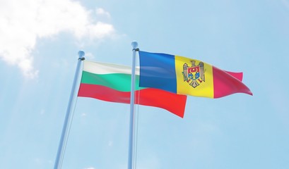 Moldova and Bulgaria, two flags waving against blue sky. 3d image