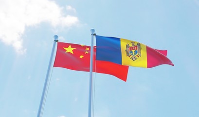 Moldova and China, two flags waving against blue sky. 3d image