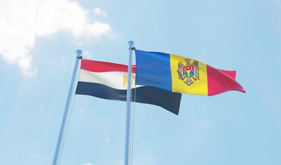 Moldova and Egypt, two flags waving against blue sky. 3d image