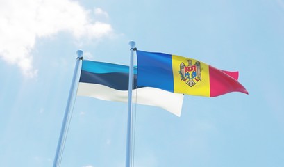 Moldova and Estonia, two flags waving against blue sky. 3d image