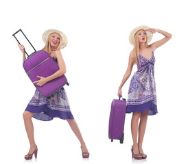 Beautiful woman with suitcase isolated on white 