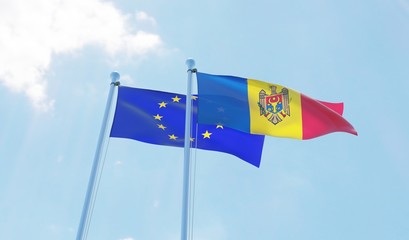 Moldova and , two flags waving against blue sky. 3d image