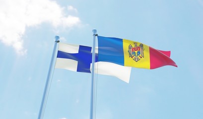 Moldova and Finland, two flags waving against blue sky. 3d image