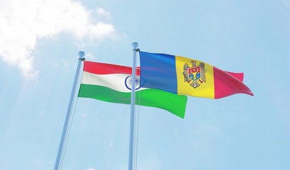 Moldova and India, two flags waving against blue sky. 3d image