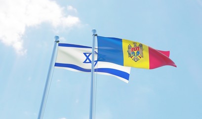 Moldova and Israel, two flags waving against blue sky. 3d image