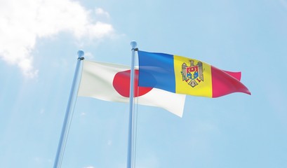 Moldova and Japan, two flags waving against blue sky. 3d image