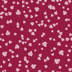 Illustration of seamless pattern with small leaves, Burgundy pattern background and white and pink leaves to decorate album, postcard or book background