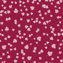 Illustration of seamless pattern with small leaves, Burgundy pattern background and white and pink leaves to decorate album, postcard or book background