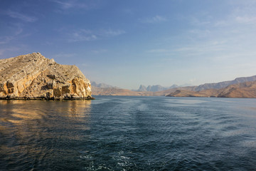 Fototapeta na wymiar Oman sea view, mountain fjords, Khasab.