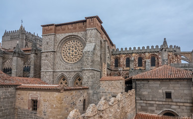 Obraz premium The Cathedral-fortress of Avila, Castile-Leon, Spain. Romanesque and Gothic styles. Its apse froms one of the turrets of the city walls.