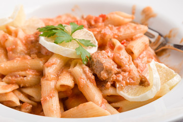 tasty penne with tuna pasta on white plate