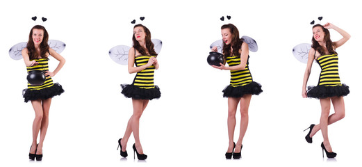 Young woman in bee costume isolated on white 