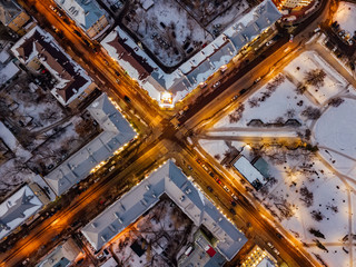 Road intersection, top view, winter night, Voronezh, Russia