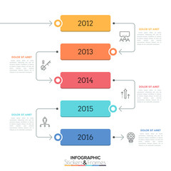 Vertical timeline. Year indication inside five rectangular elements connected by arrows. Minimalist infographic design layout. Vector illustration for brochure, banner, annual report, presentation.