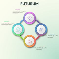 Circular diagram, 4 connected round gradient colored elements with numbers, thin line icons and text boxes. Super clean infographic design template. Vector illustration for report, banner, brochure.