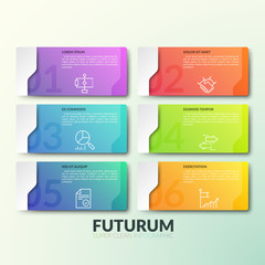 Six gradient colored rectangular elements with numbers, thin line icons and place for text inside, 6 numbered options or features. Creative infographic design layout. Vector illustration for website.