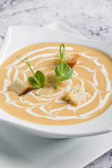 fresh vegetable cream soup with bread crums in white plate