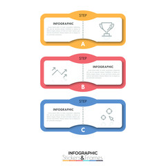 Three multicolored rectangular elements with text boxes and thin line symbols inside, 3 steps of development process concept. Minimalist infographic design template. Vector illustration for brochure.