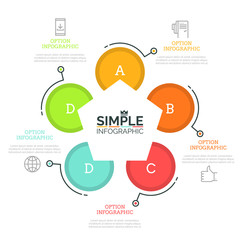 Circular diagram with 5 round elements marked with letters, pentagon in center, thin line icons and text boxes. Chart with five options. Simple infographic design template. Vector illustration.