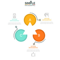 Three lettered circles and central triangular element cut out of them, thin line pictograms and text boxes. 3 steps of business process concept. Minimal infographic design layout. Vector illustration.