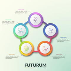 Flower petal diagram, 5 connected circular elements with numbers, thin line icons and text boxes. Round chart with five options. Modern infographic design layout. Vector illustration for presentation.